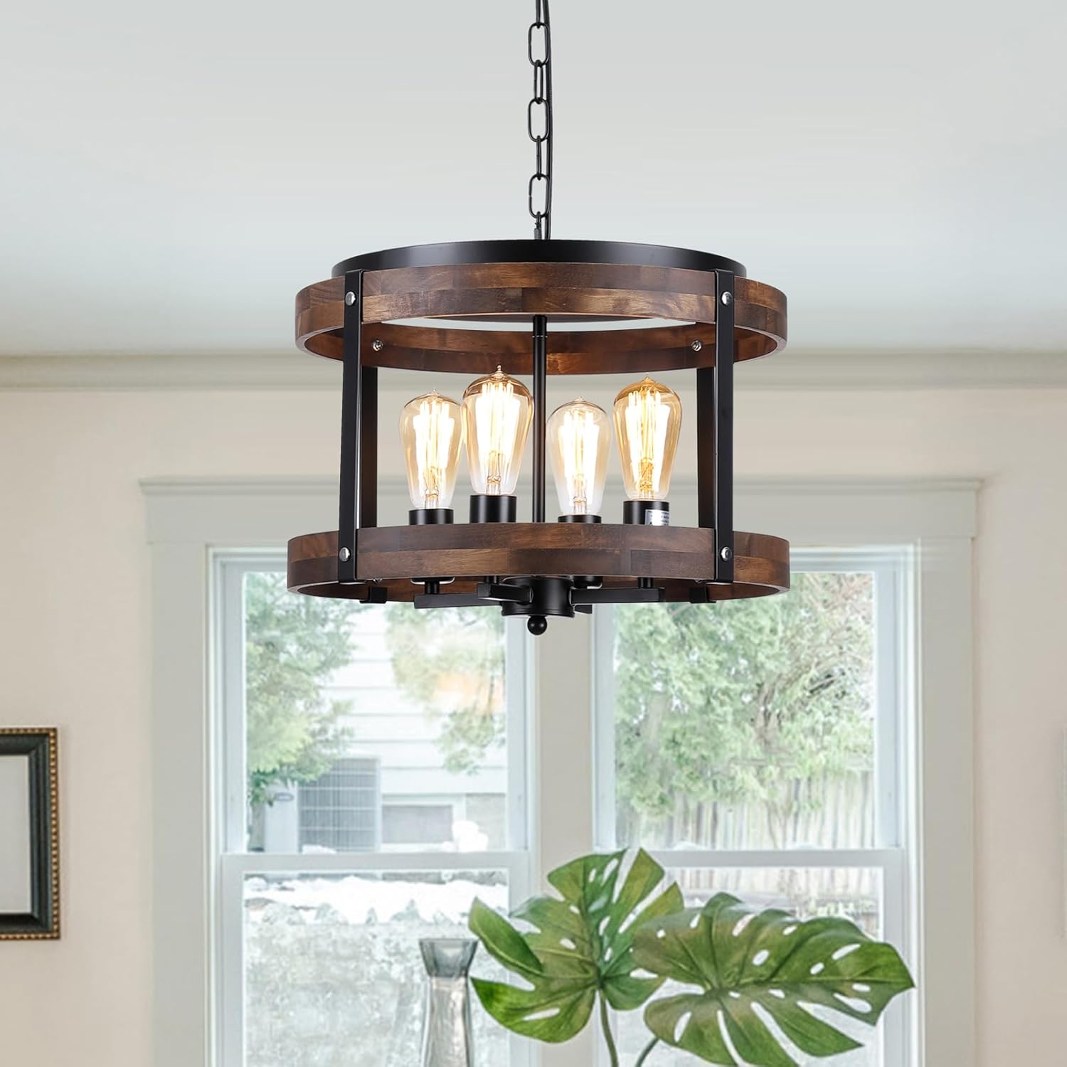 2 Pack Rustic Farmhouse Wood Pendant Light Fixture One-Light Adjustable Chain Oak Wood and Metal Drum Cage Small Pendant Lighting for Kitchen Island Sink Hallway Farmhouse Bathroom Bar, Black