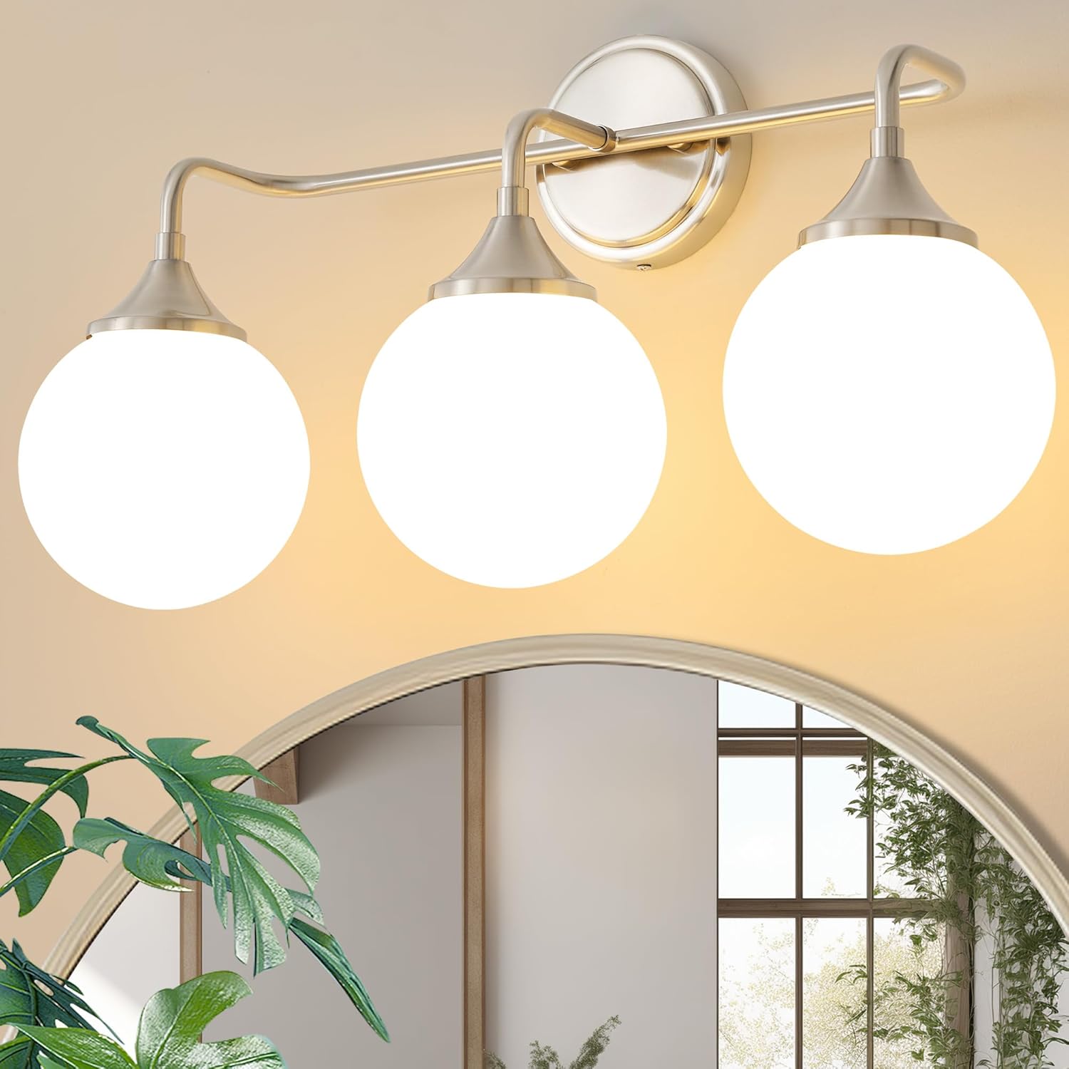 Gold Bathroom Light Fixtures, Modern Vanity Lighting Over Mirror, Mid Century Brushed Brass Wall Sconce 3-Light with Milky White Glass Ball Shades