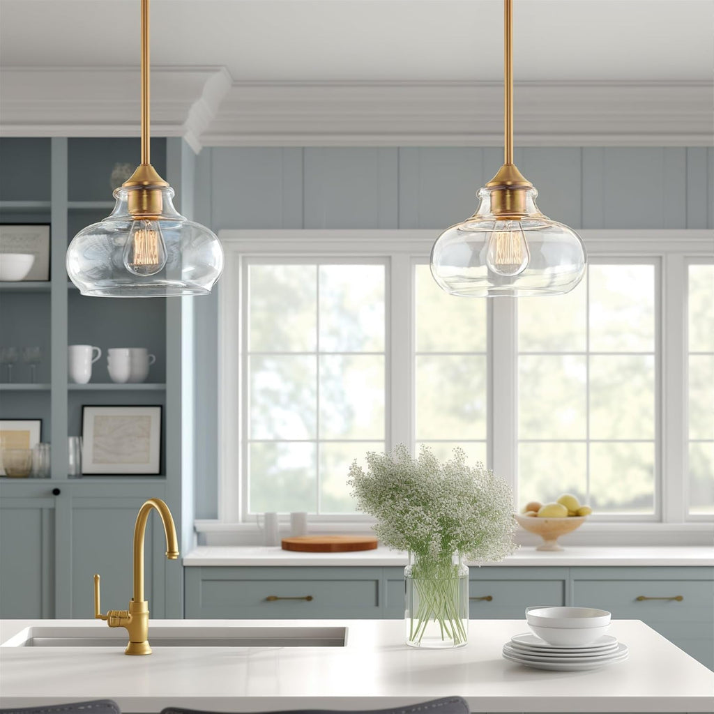 Kira Home Harlow 9" Modern Industrial Farmhouse/Schoolhouse/Rustic Pendant Light with Clear Glass Shade, Adjustable Hanging Height, Warm Brass Finish