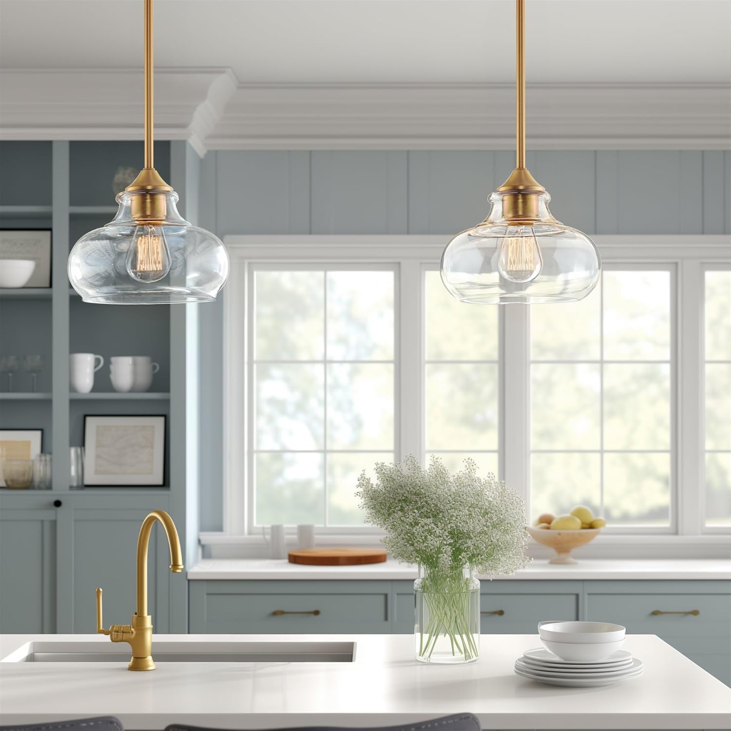 Kira Home Harlow 9" Modern Industrial Farmhouse/Schoolhouse/Rustic Pendant Light with Clear Glass Shade, Adjustable Hanging Height, Warm Brass Finish