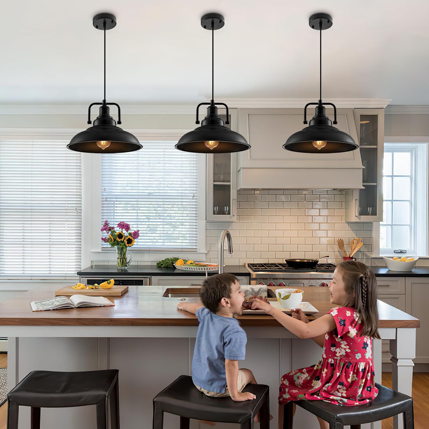 Black Pendant Light 12.5 inches 3 Packs, Farmhouse Pendant Light, Industrial Pendant Lighting, Kitchen Pendant Lights, Pendant Lights Kitchen Island for Dinning Room Entryway Barn