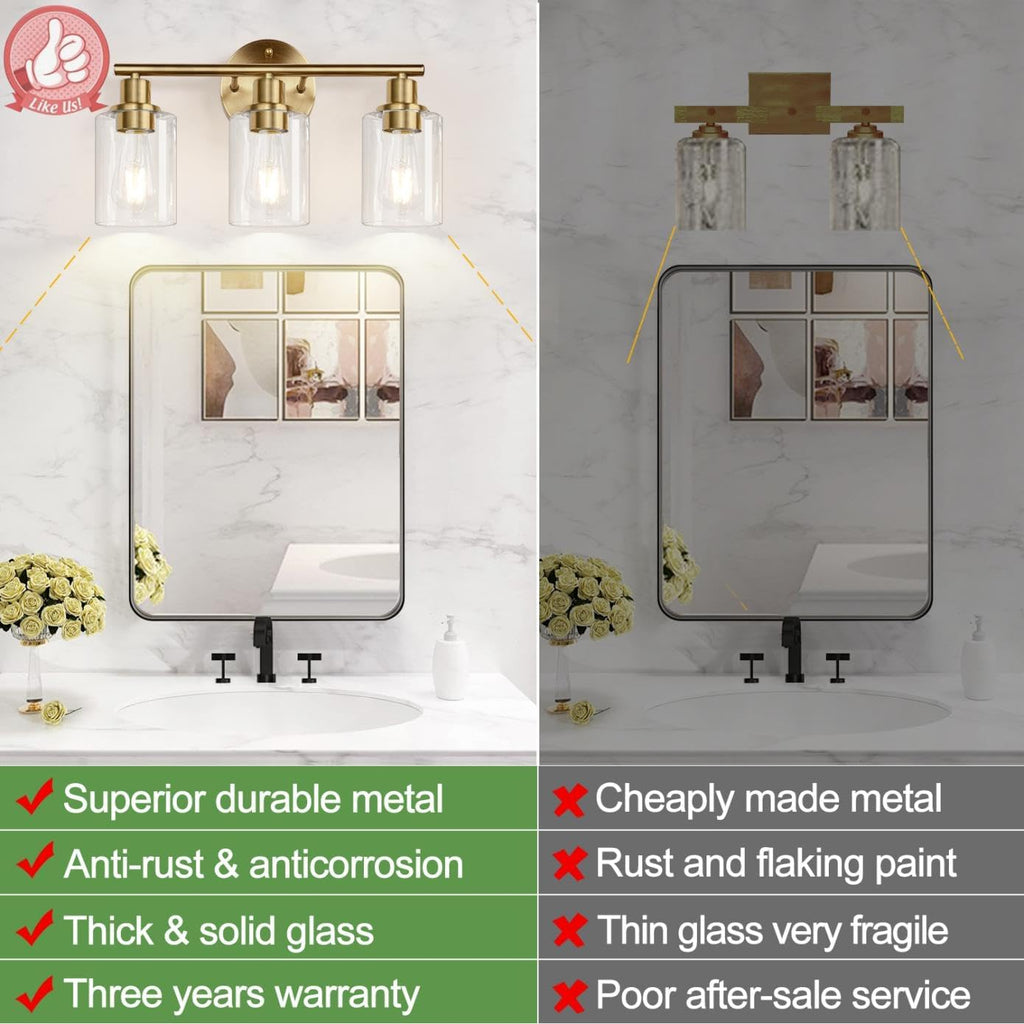3-Light Bathroom Light Fixtures, Brushed Brass Bathroom Wall Lights with Clear Glass Shade, Modern Bathroom Wall Lamp for Mirror Kitchen Living Room Hallway Cabinet