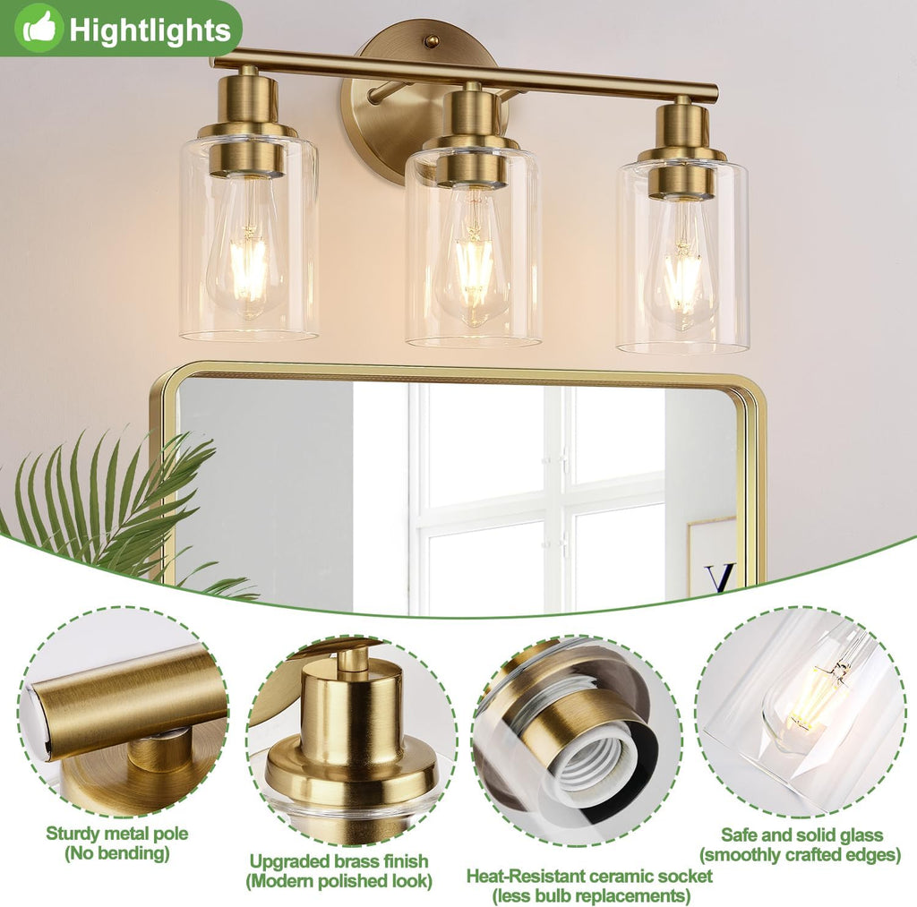 3-Light Bathroom Light Fixtures, Brushed Brass Bathroom Wall Lights with Clear Glass Shade, Modern Bathroom Wall Lamp for Mirror Kitchen Living Room Hallway Cabinet