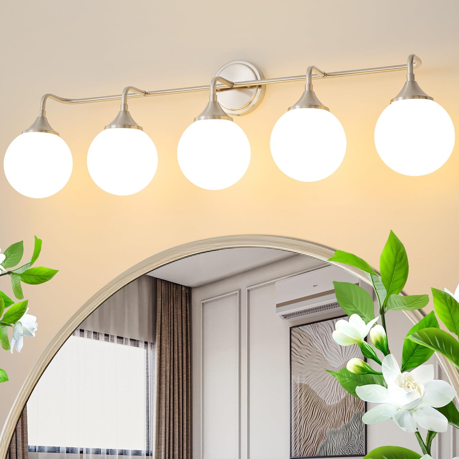 Gold Bathroom Light Fixtures, Modern Vanity Lighting Over Mirror, Mid Century Brushed Brass Wall Sconce 3-Light with Milky White Glass Ball Shades