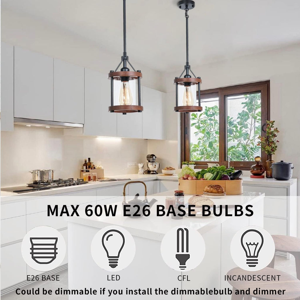 Farmhouse Pendant Light, Rustic Walnut Wood Metal Cage Hanging Light Fixtures with Glass, Adjustable for Flat and Slop Ceiling, Pendant Lighting for Kitchen Island Foyer Hallway,2-Pack