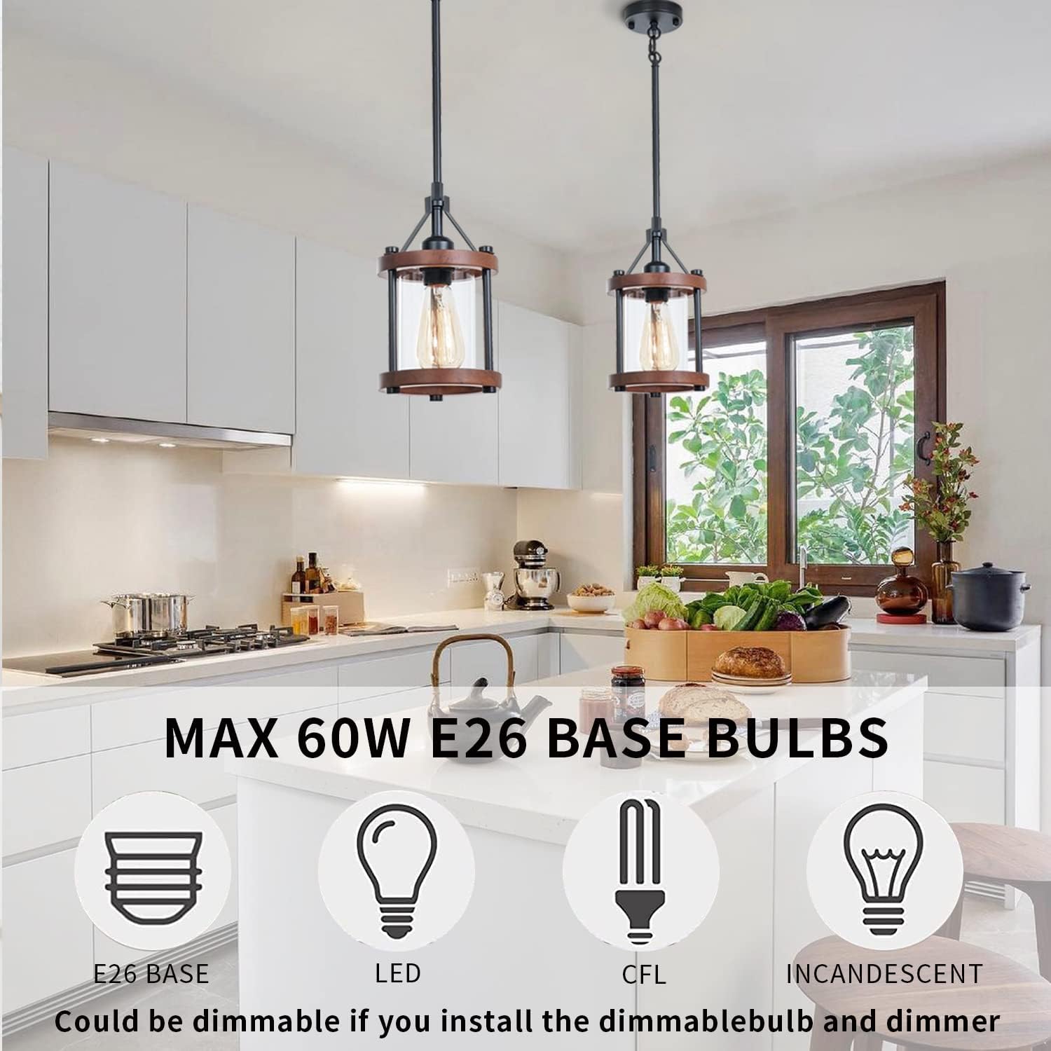 Farmhouse Pendant Light, Rustic Walnut Wood Metal Cage Hanging Light Fixtures with Glass, Adjustable for Flat and Slop Ceiling, Pendant Lighting for Kitchen Island Foyer Hallway,2-Pack