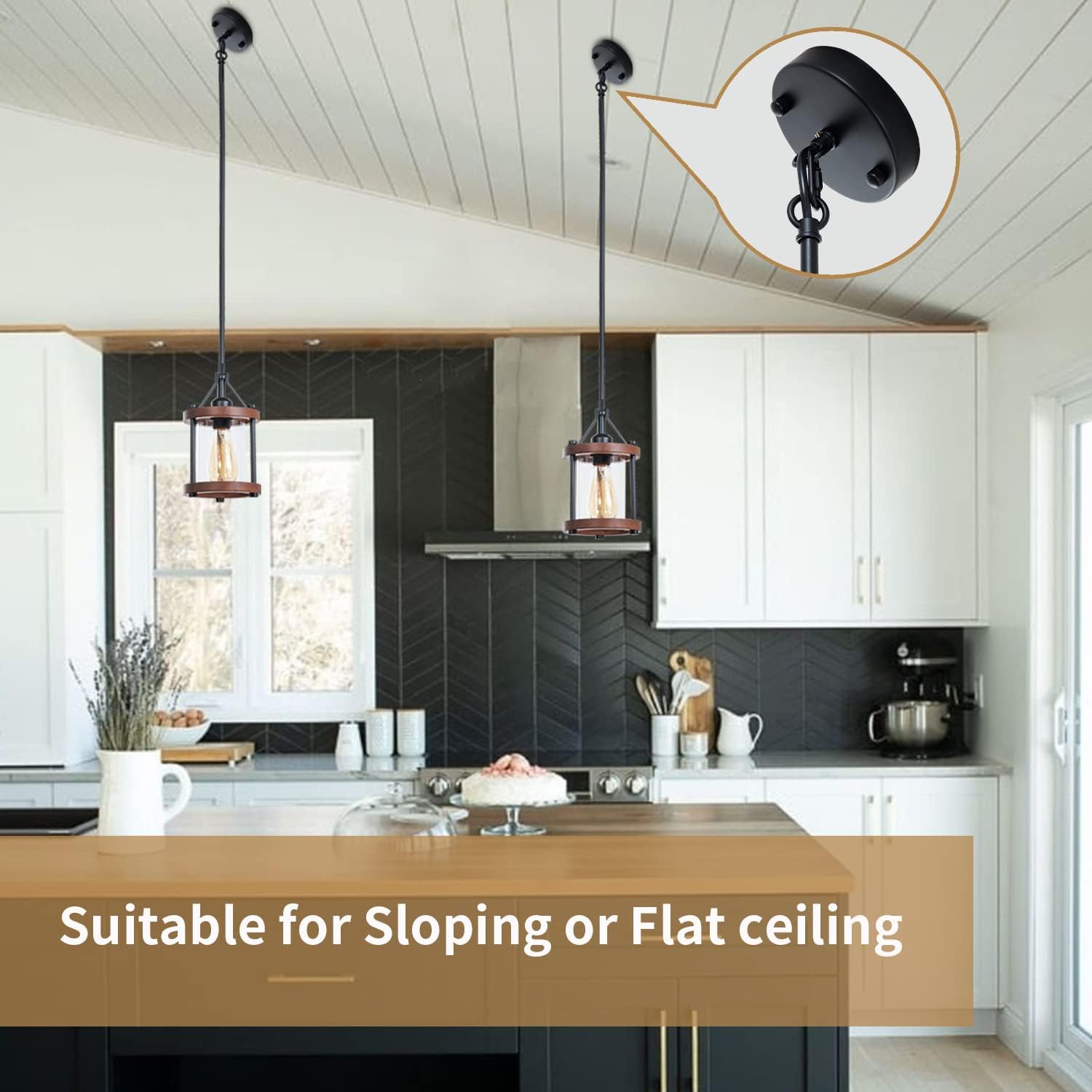 Farmhouse Pendant Light, Rustic Walnut Wood Metal Cage Hanging Light Fixtures with Glass, Adjustable for Flat and Slop Ceiling, Pendant Lighting for Kitchen Island Foyer Hallway,2-Pack