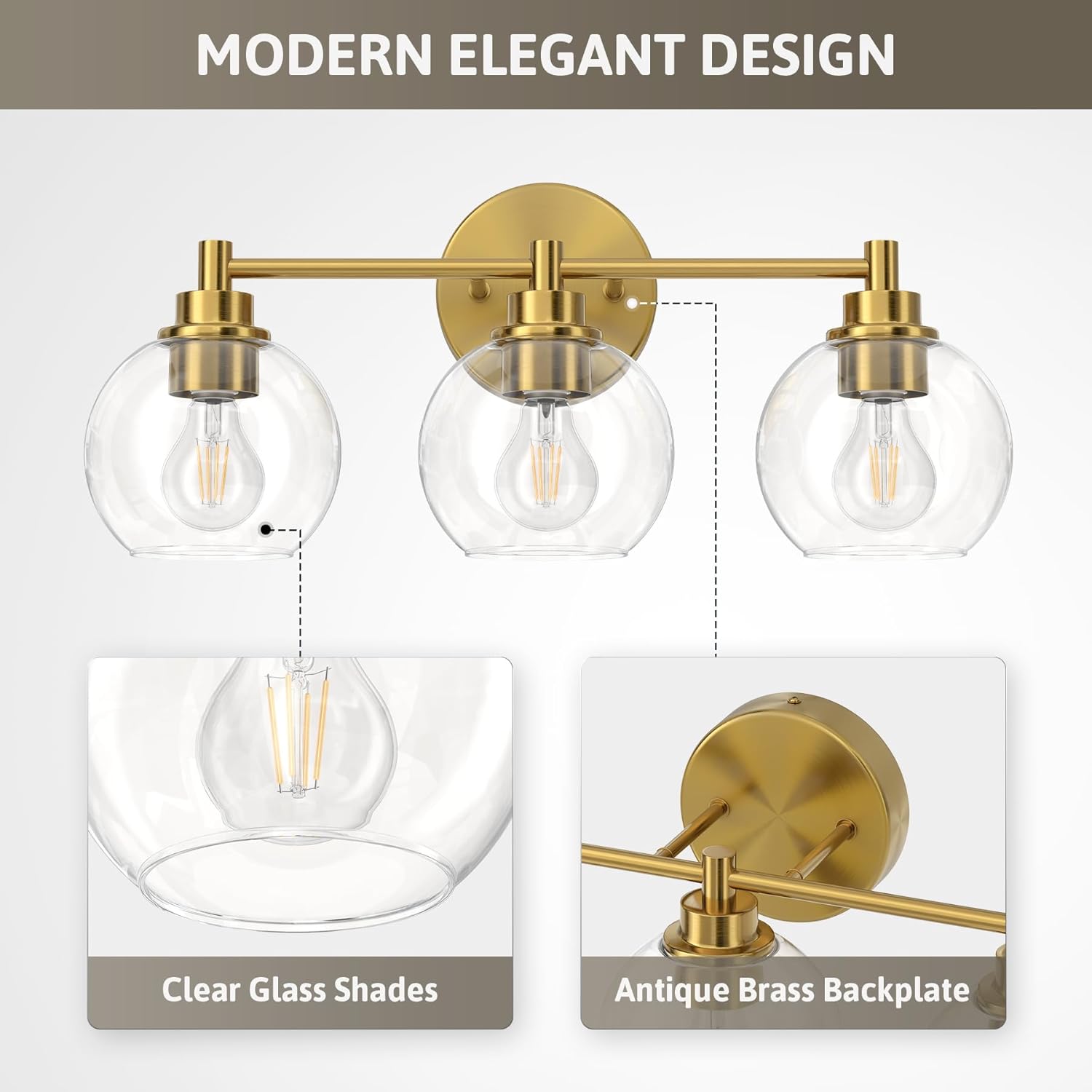 VONLUCE Bathroom Light Fixtures, 3-Light Bathroom Vanity Light with Globe Glass Shades E26 Sockets, Vanity Lights Over Mirror for Bedroom Hallway Living Room, Gold Finish