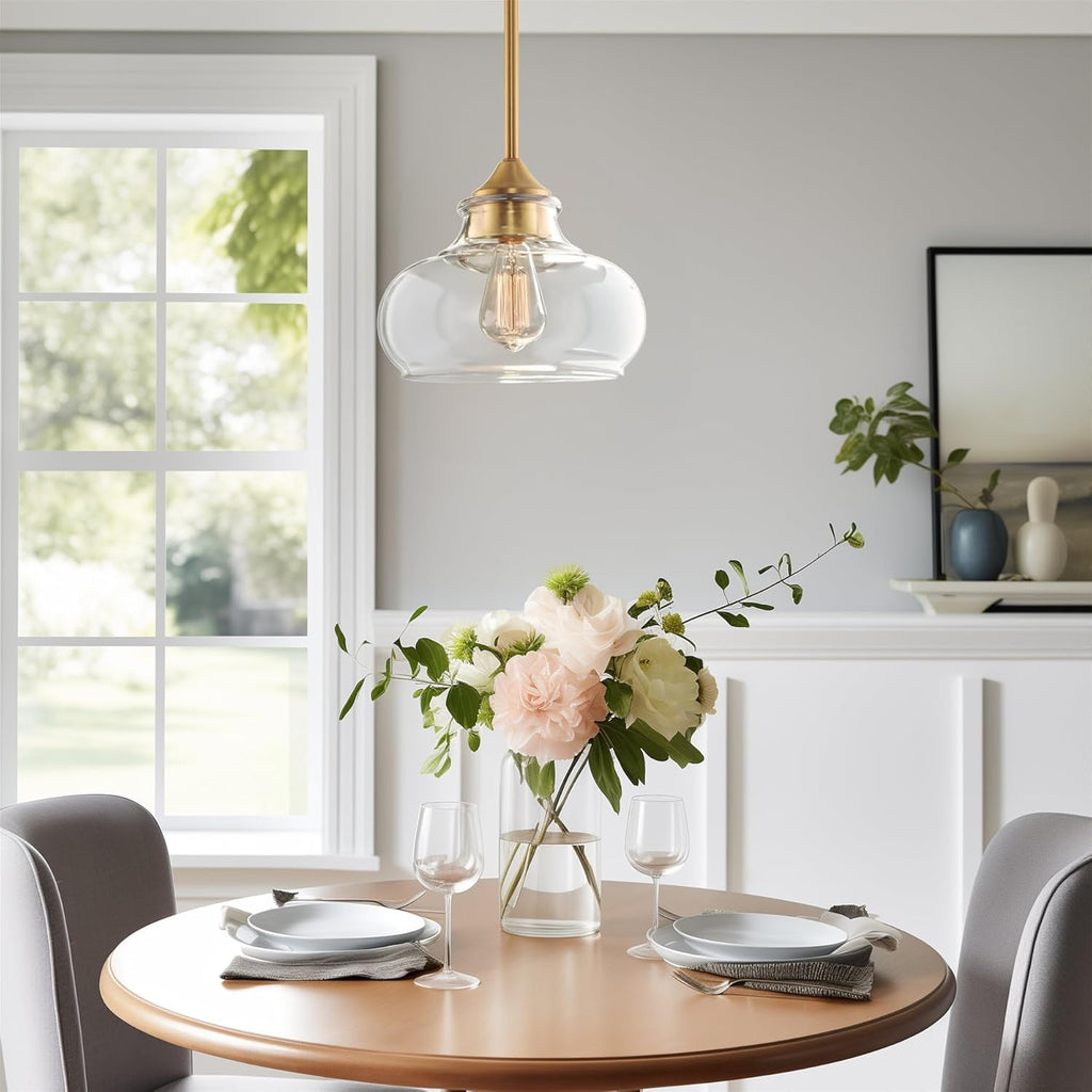 Kira Home Harlow 9" Modern Industrial Farmhouse/Schoolhouse/Rustic Pendant Light with Clear Glass Shade, Adjustable Hanging Height, Warm Brass Finish