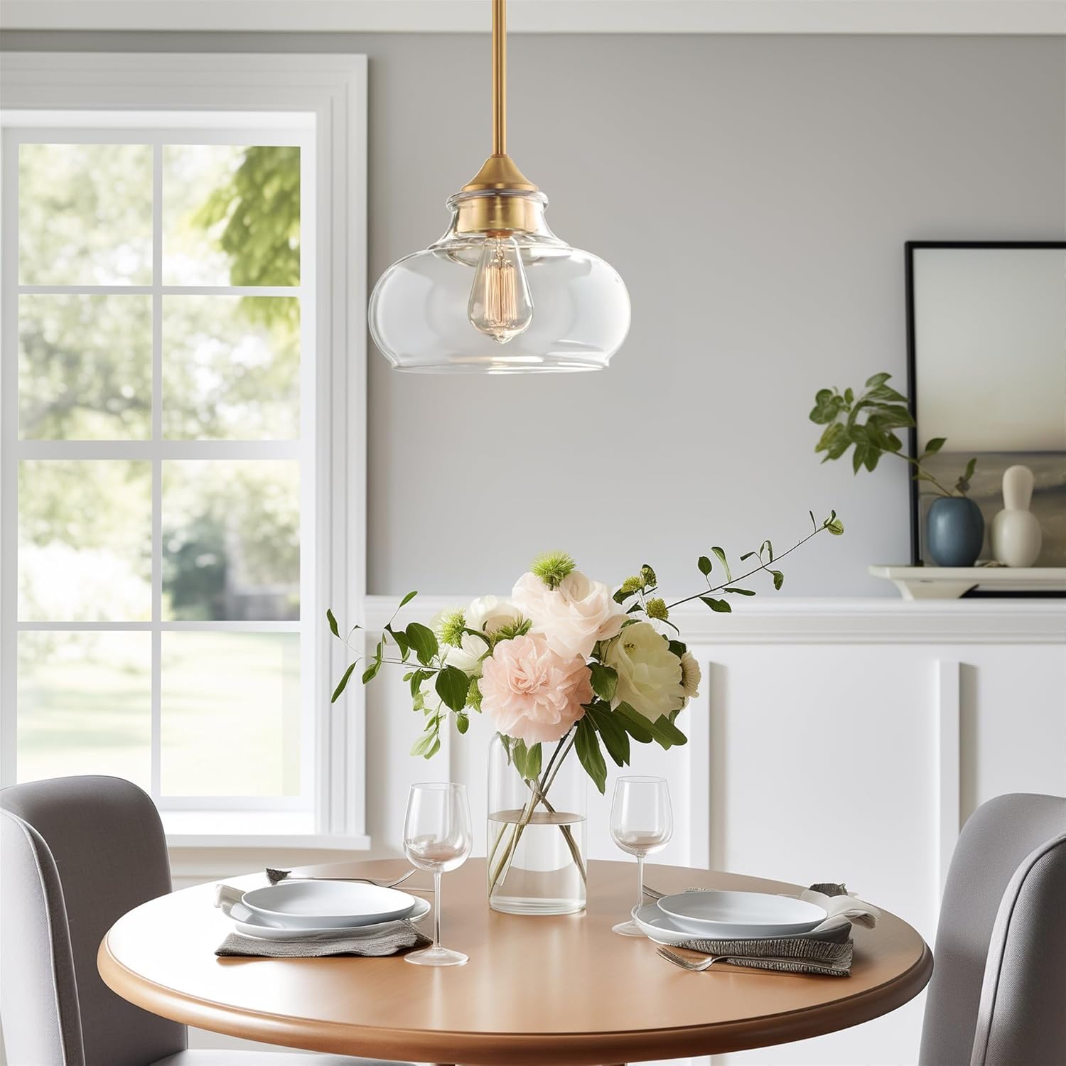 Kira Home Harlow 9" Modern Industrial Farmhouse/Schoolhouse/Rustic Pendant Light with Clear Glass Shade, Adjustable Hanging Height, Warm Brass Finish