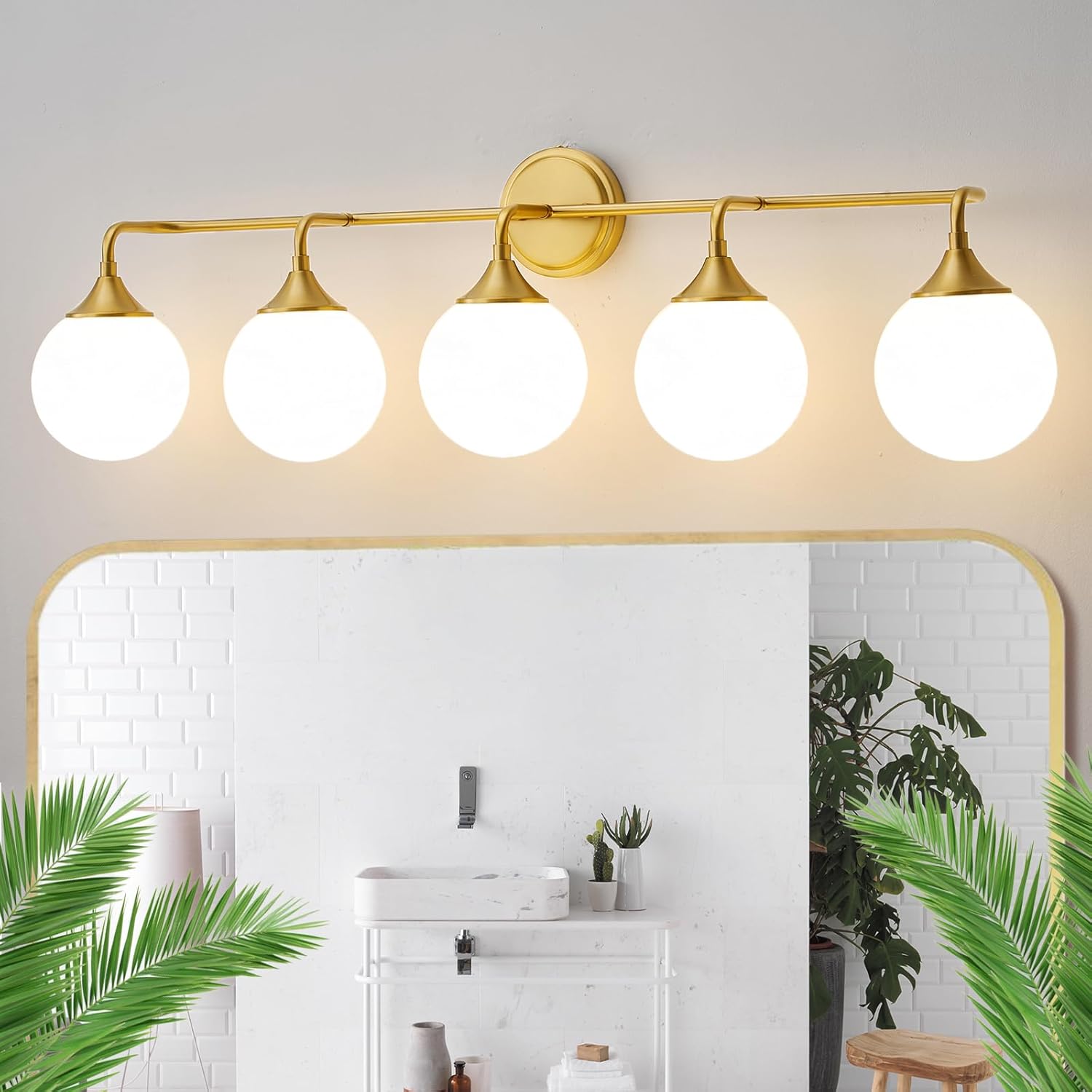 Gold Bathroom Light Fixtures, Modern Vanity Lighting Over Mirror, Mid Century Brushed Brass Wall Sconce 3-Light with Milky White Glass Ball Shades