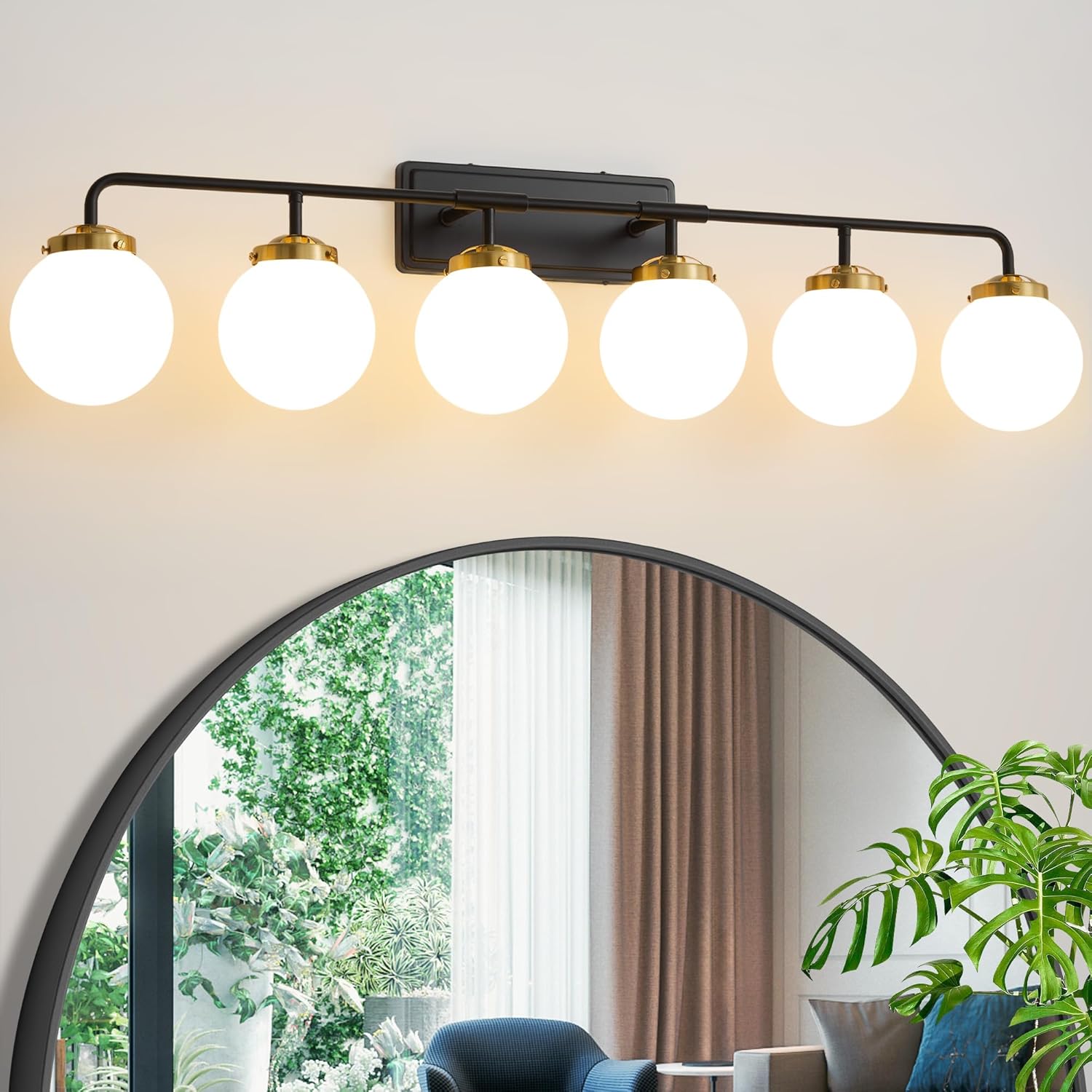 Gold Bathroom Vanity Light Fixtures Over Mirror, Modern Brass 3 Lights Wall Sconce with Milky Glass Ball Shade, Mid Century Farmhouse Vanity Lighting