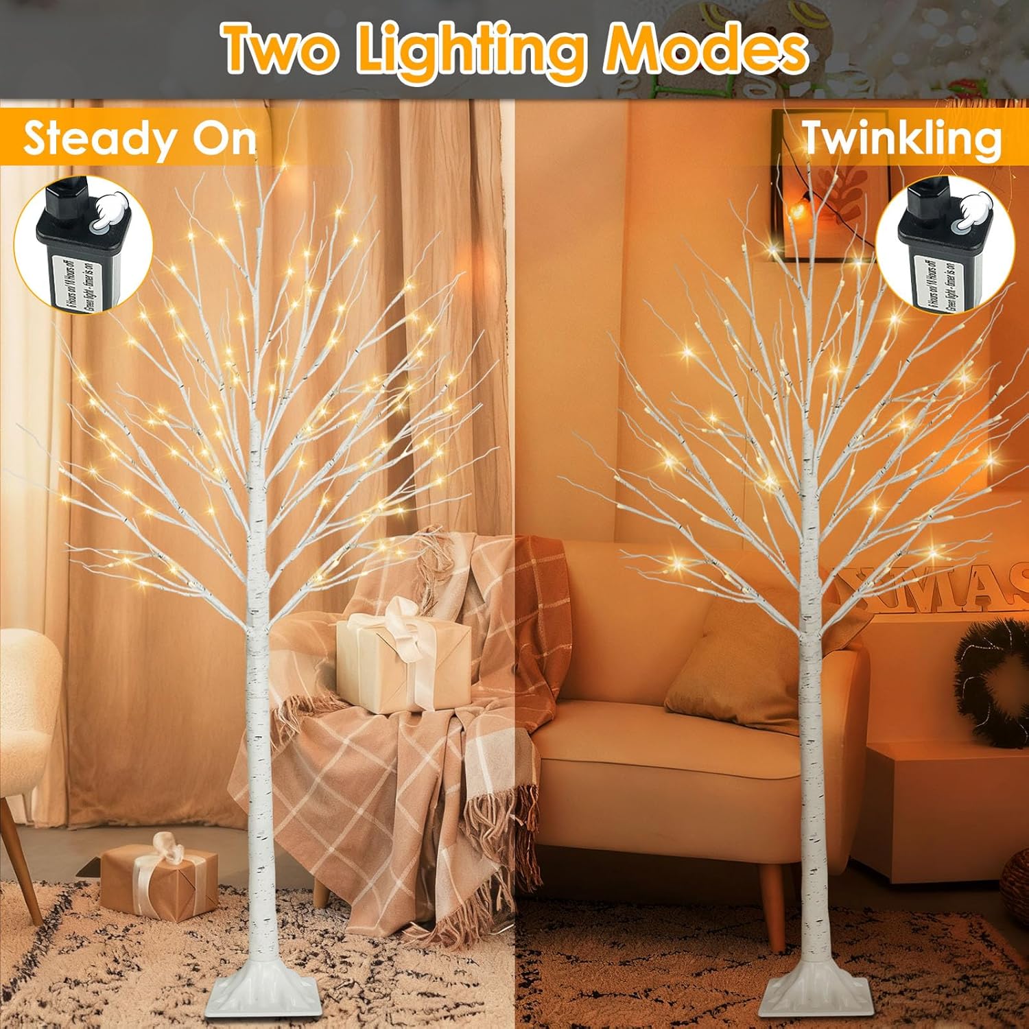 3 Pack 4FT 5FT and 6FT 300LED Christmas Lighted Birch Tree, Timer Function Prelit Artificial Tree Lamp Plug in with Warm White Lights, Twinkling Twig Trees for Indoor Outdoor Christmas Decorations