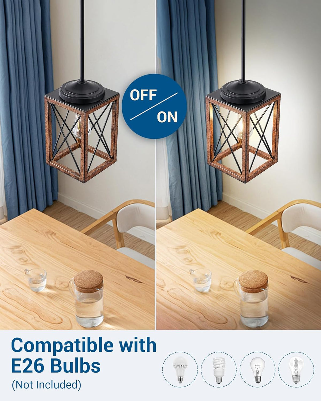 DEWENWILS 2 Pack Farmhouse Pendant Light, Metal Hanging Light Fixture with Wooden Grain Finish, 48 Inch Adjustable Pipes for Flat and Slop Ceiling, Kitchen Island, Bedroom, Dining Hall, ETL Listed