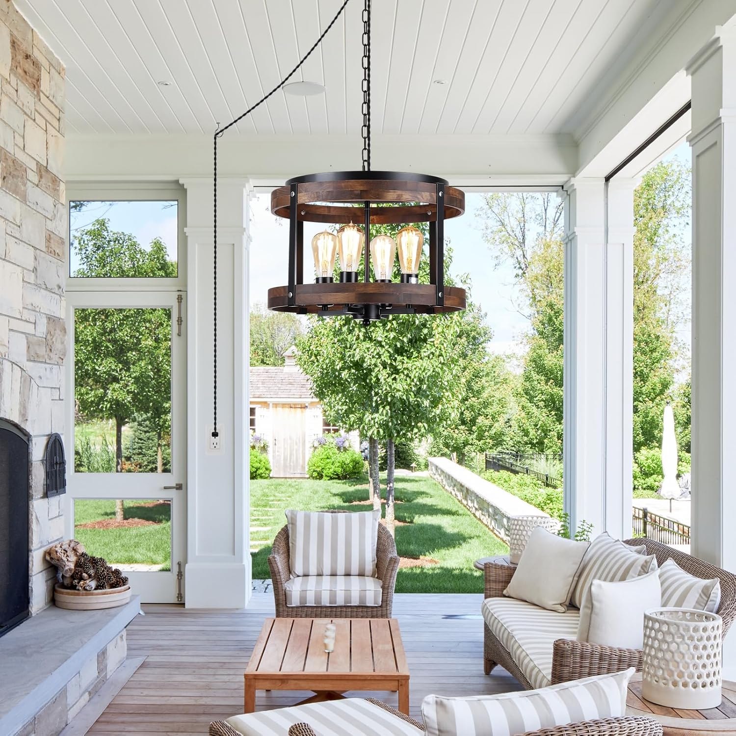 2 Pack Rustic Farmhouse Wood Pendant Light Fixture One-Light Adjustable Chain Oak Wood and Metal Drum Cage Small Pendant Lighting for Kitchen Island Sink Hallway Farmhouse Bathroom Bar, Black