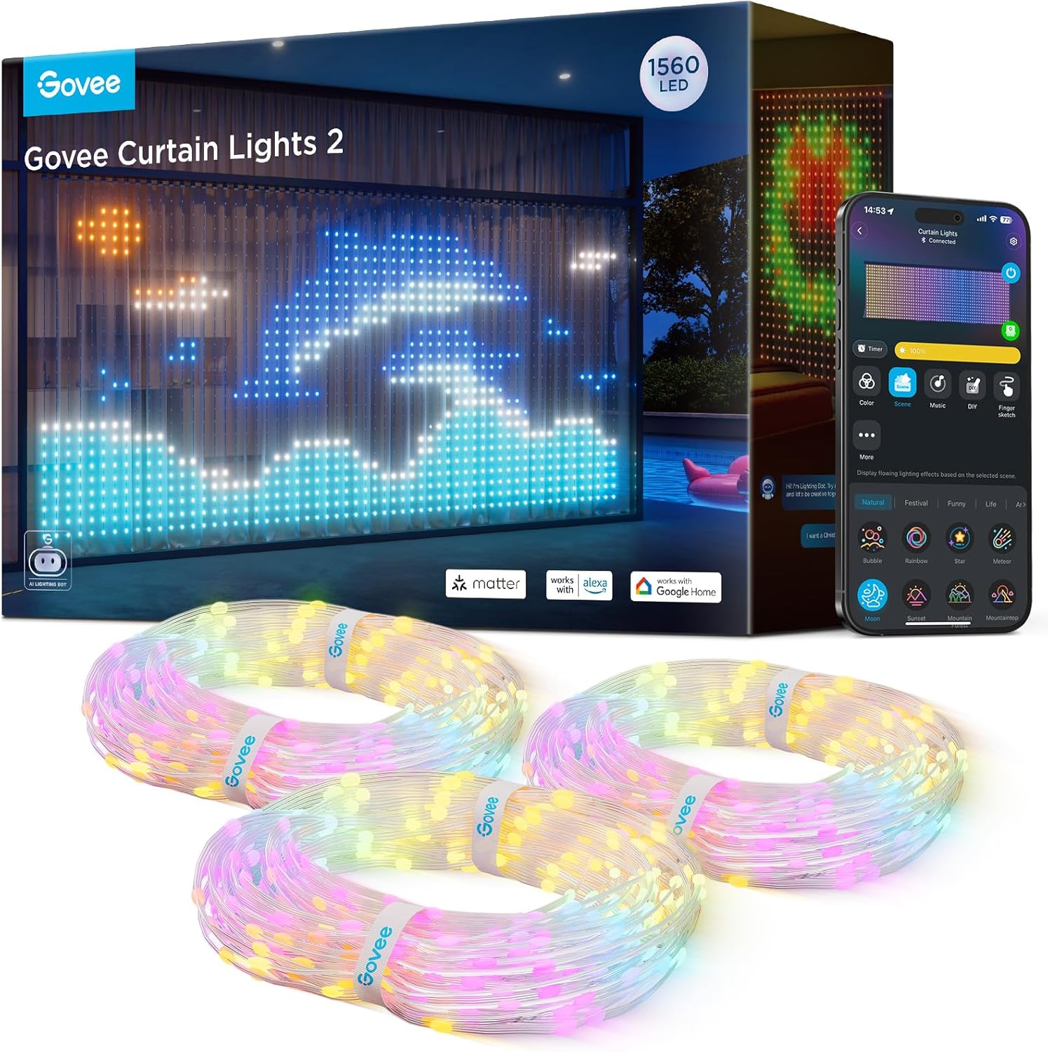 Govee Curtain Lights 2, 520 LEDs, Smart LED Curtain Light with DIY GIF AIGC, Non-Splicable, RGBIC Color Changing Holiday Lights for Indoor Outdoor Bedroom Window Decor, IP65 Waterproof, 4.9×6.6ft