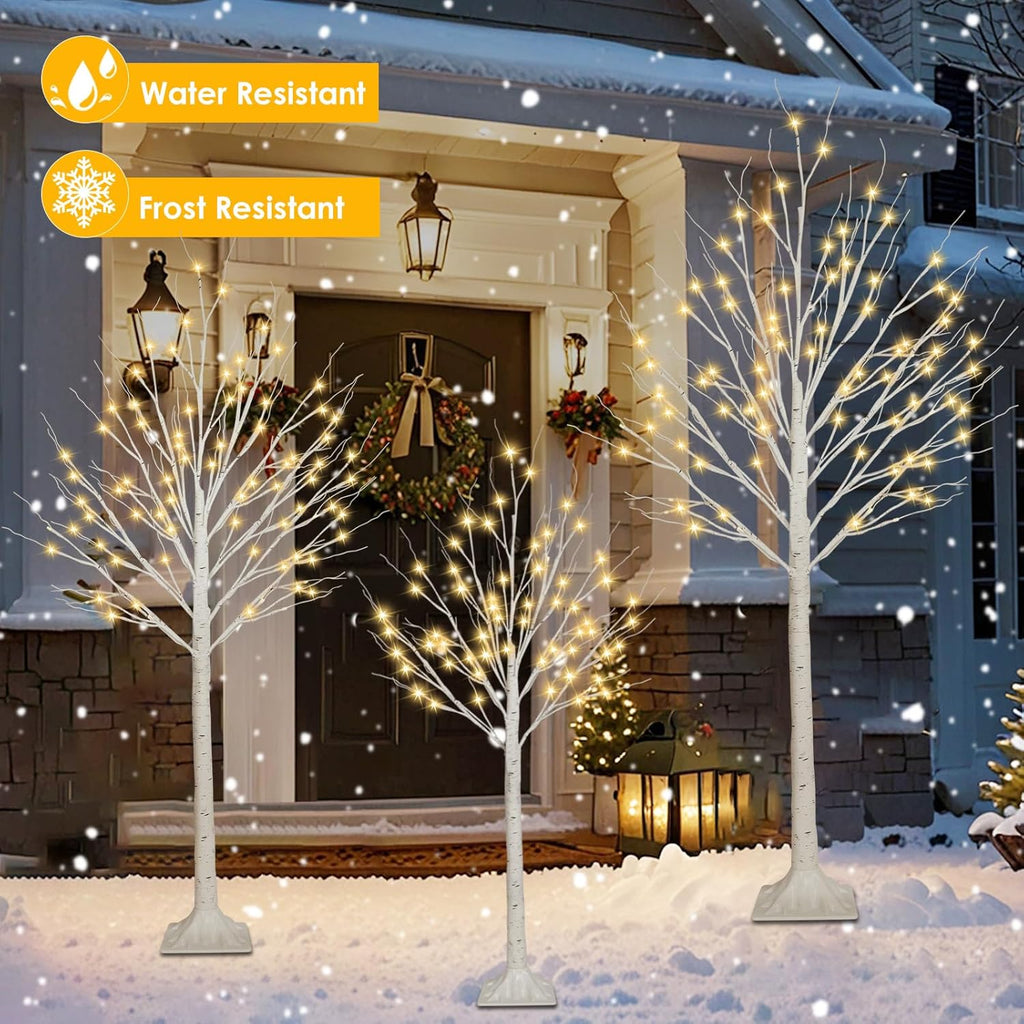3 Pack 4FT 5FT and 6FT 300LED Christmas Lighted Birch Tree, Timer Function Prelit Artificial Tree Lamp Plug in with Warm White Lights, Twinkling Twig Trees for Indoor Outdoor Christmas Decorations
