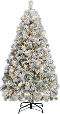 Yaheetech 6ft Snow Flocked Pre-lit Christmas Tree with 250 Warm White Lights, 820 Lush Branch Tips & Quick-Assembly Hinged Design, Full Artificial Xmas Tree for Winter Holiday Décor, Green & White
