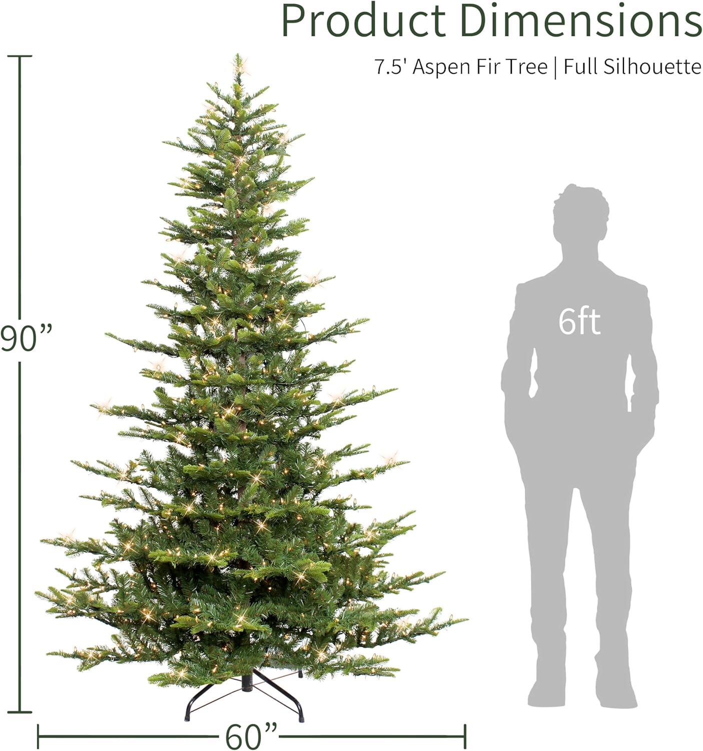Puleo International 7.5ft Pre-Lit Aspen Fir Artificial Christmas Tree with 700 Clear Lights, 1319 Realistic Dense Branch Tips, Easy Setup Artificial Trees with Sturdy Metal Stand