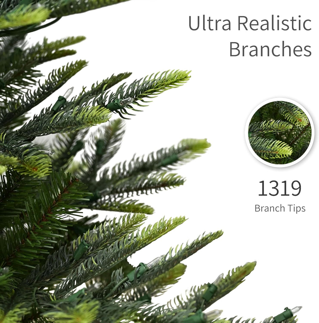 Puleo International 7.5ft Pre-Lit Aspen Fir Artificial Christmas Tree with 700 Clear Lights, 1319 Realistic Dense Branch Tips, Easy Setup Artificial Trees with Sturdy Metal Stand