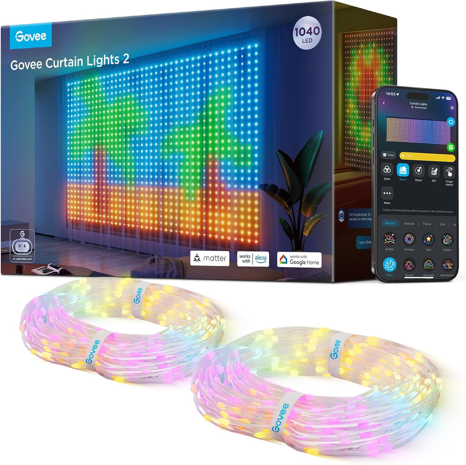 Govee Curtain Lights 2, 520 LEDs, Smart LED Curtain Light with DIY GIF AIGC, Non-Splicable, RGBIC Color Changing Holiday Lights for Indoor Outdoor Bedroom Window Decor, IP65 Waterproof, 4.9×6.6ft