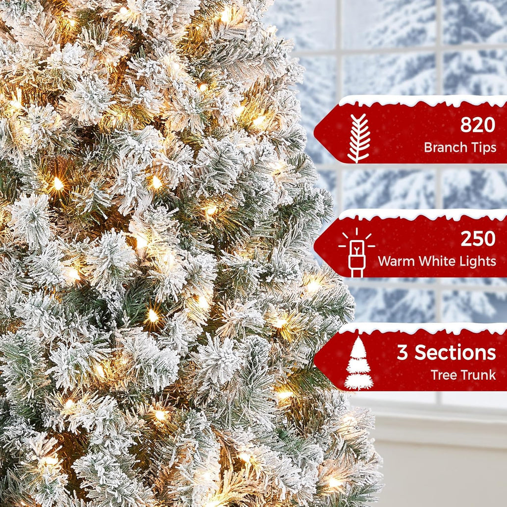 Yaheetech 6ft Snow Flocked Pre-lit Christmas Tree with 250 Warm White Lights, 820 Lush Branch Tips & Quick-Assembly Hinged Design, Full Artificial Xmas Tree for Winter Holiday Décor, Green & White