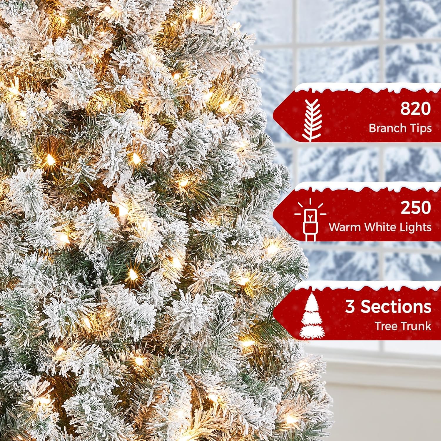 Yaheetech 6ft Snow Flocked Pre-lit Christmas Tree with 250 Warm White Lights, 820 Lush Branch Tips & Quick-Assembly Hinged Design, Full Artificial Xmas Tree for Winter Holiday Décor, Green & White